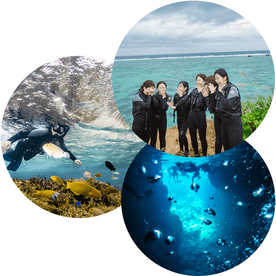 이 이미지는 오키나와 푸른 동굴 스노클링 체험 중 촬영된 사진으로, 해변에서 즐거워하는 참가자들, 열대어가 가득한 수중 모습, 그리고 동굴 안의 신비로운 물속 풍경을 함께 보여줍니다.