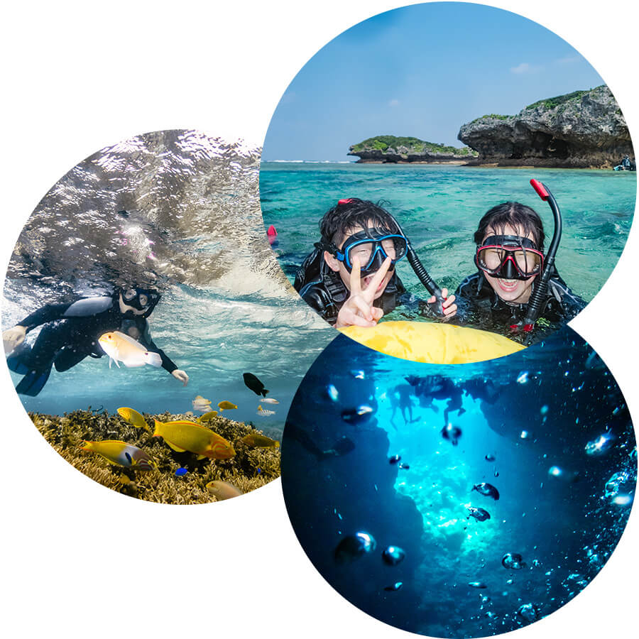 이 이미지는 오키나와 푸른 동굴 스노클링 체험 중 촬영된 사진으로, 해변에서 즐거워하는 참가자들, 열대어가 가득한 수중 모습, 그리고 동굴 안의 신비로운 물속 풍경을 함께 보여줍니다.